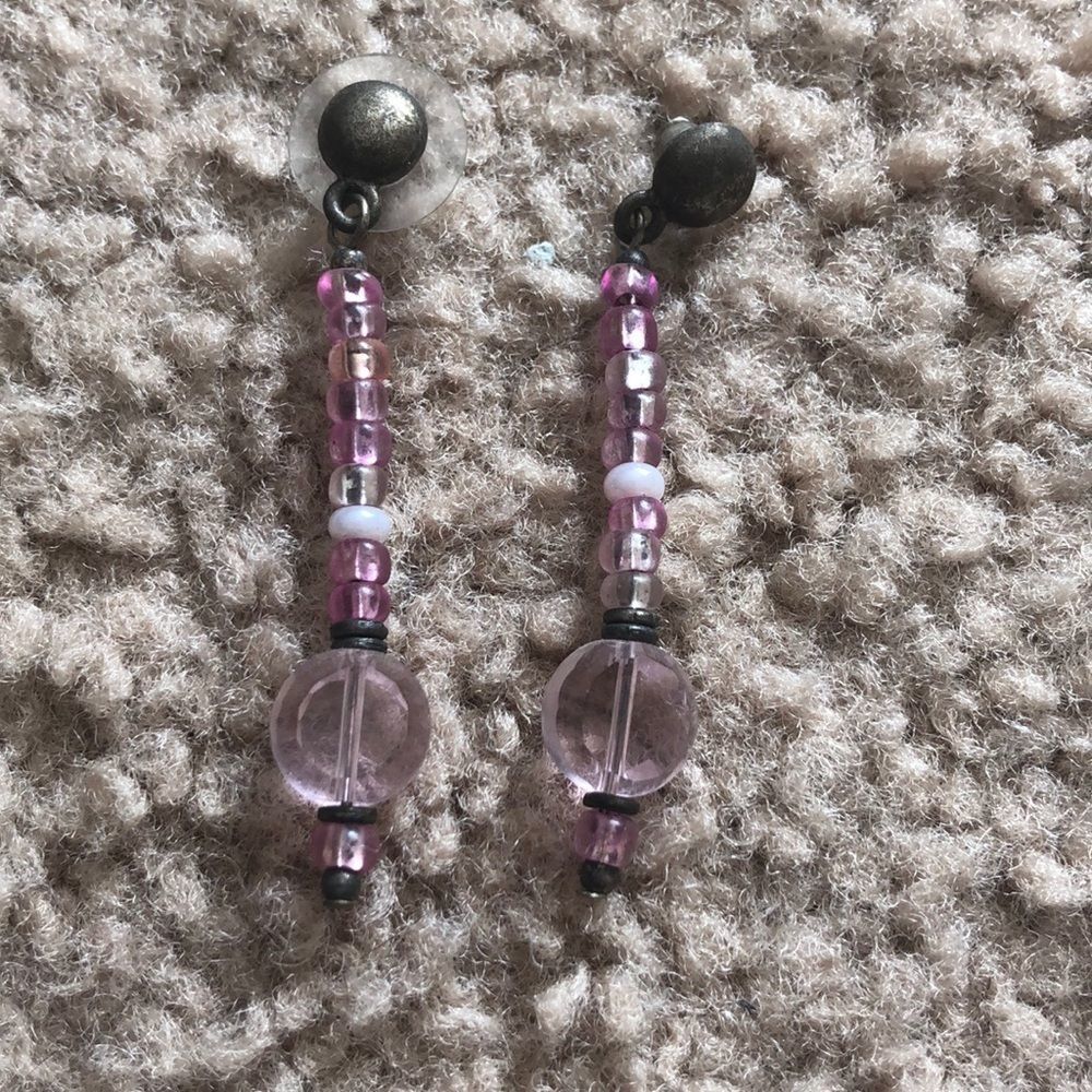 Pink long dangle beaded pierced earrings